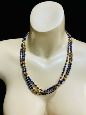 Contemporary Vibrant Multi-Strand Navy and Gold Beaded Necklace - Women Jewelry